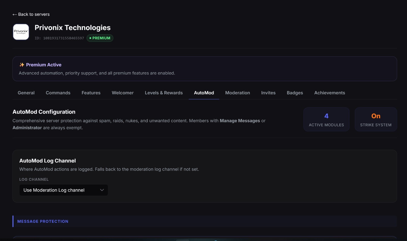 AutoMod dashboard configuration panel