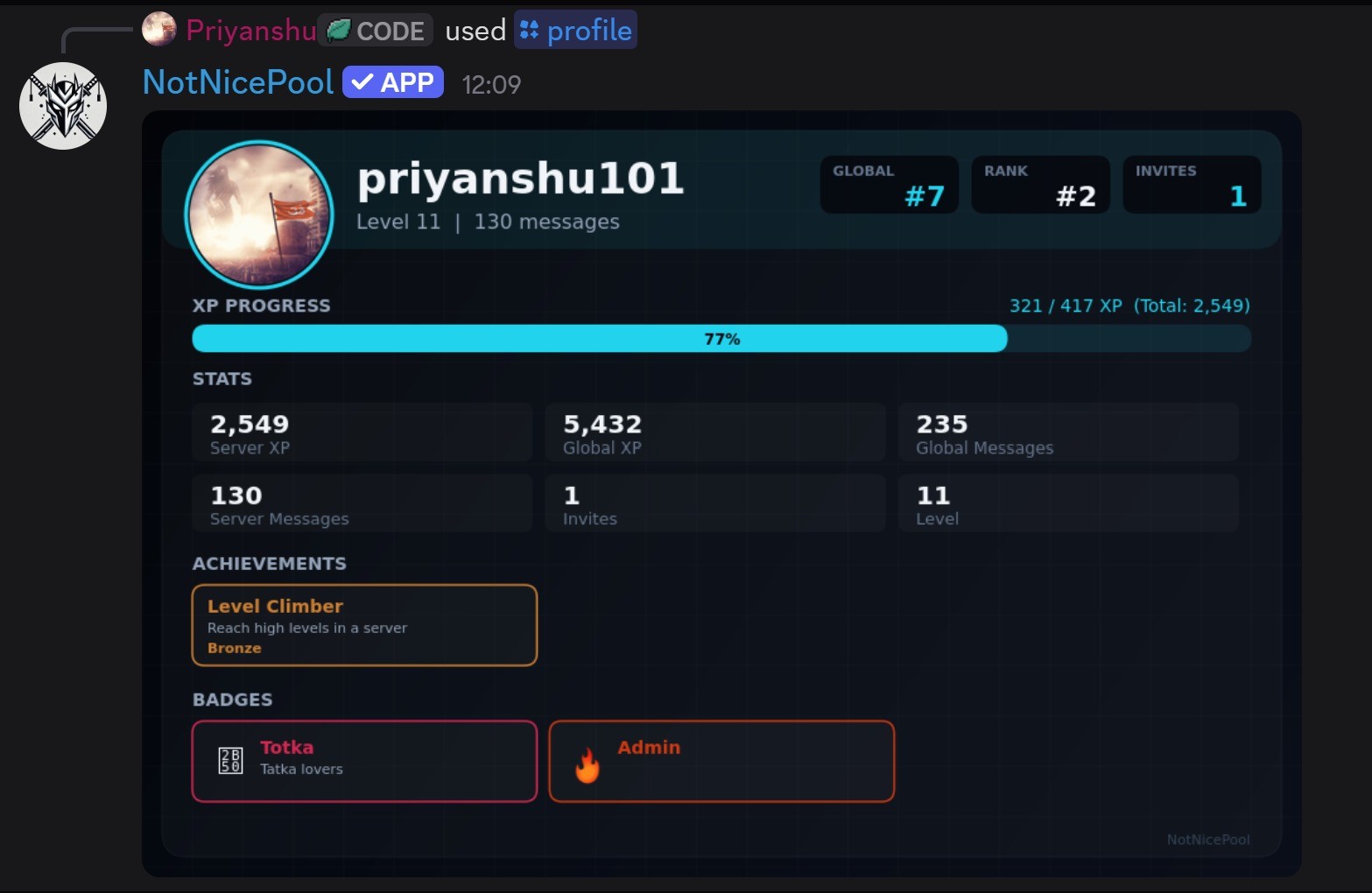 Profile card with stats, badges, and achievements