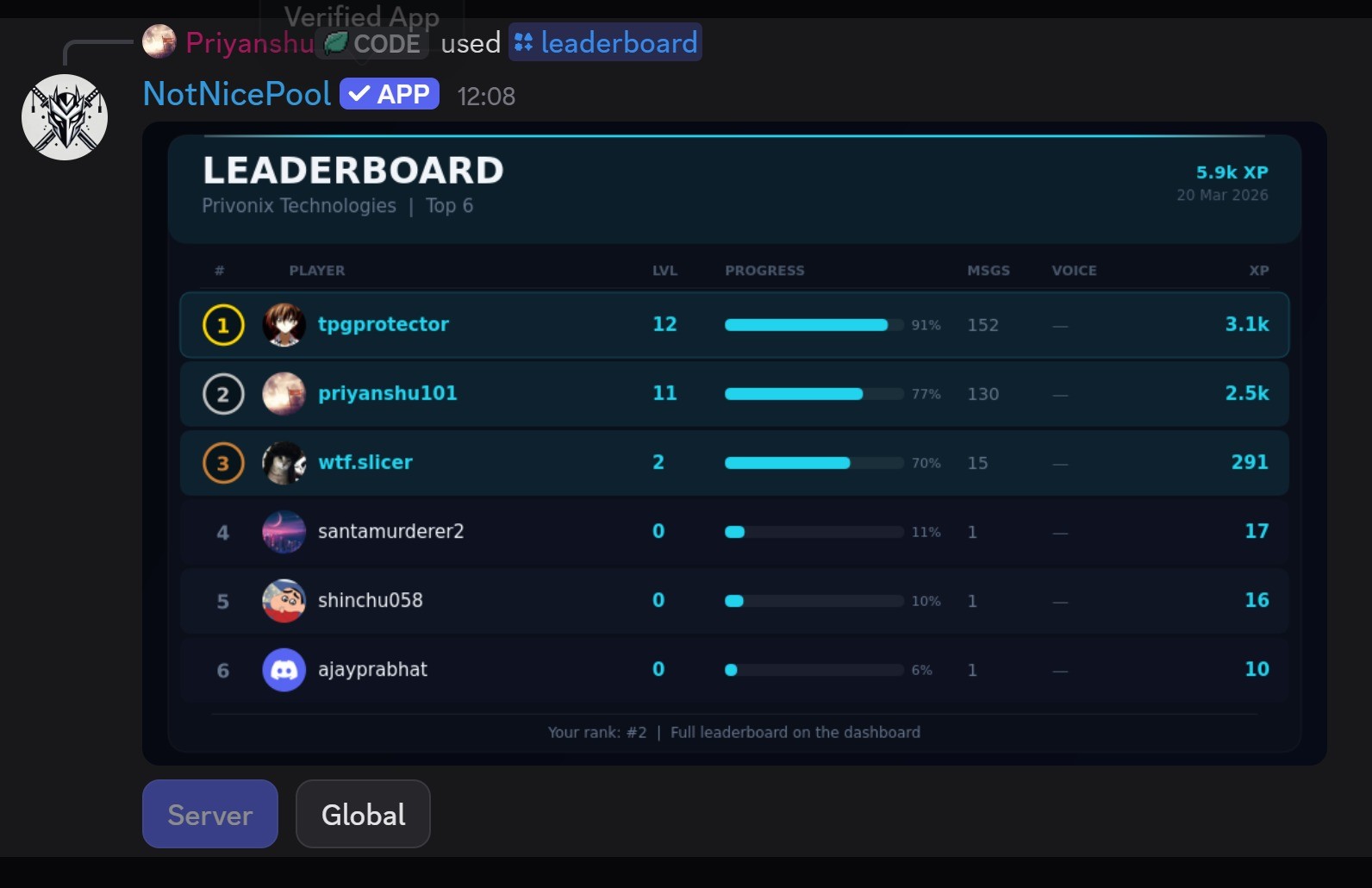 Server leaderboard with level, messages, voice, and XP