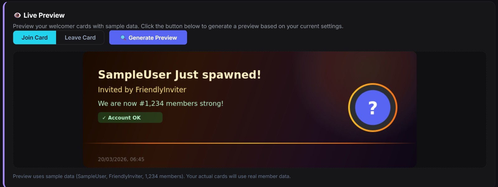 Customizable welcome and leave card live preview